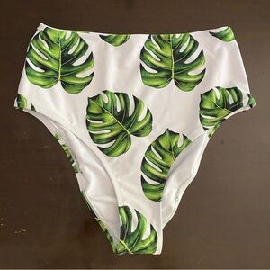 Cupshe White with Monstera Leaves High Waisted Swimwear Bikini Bottom Medium NWT